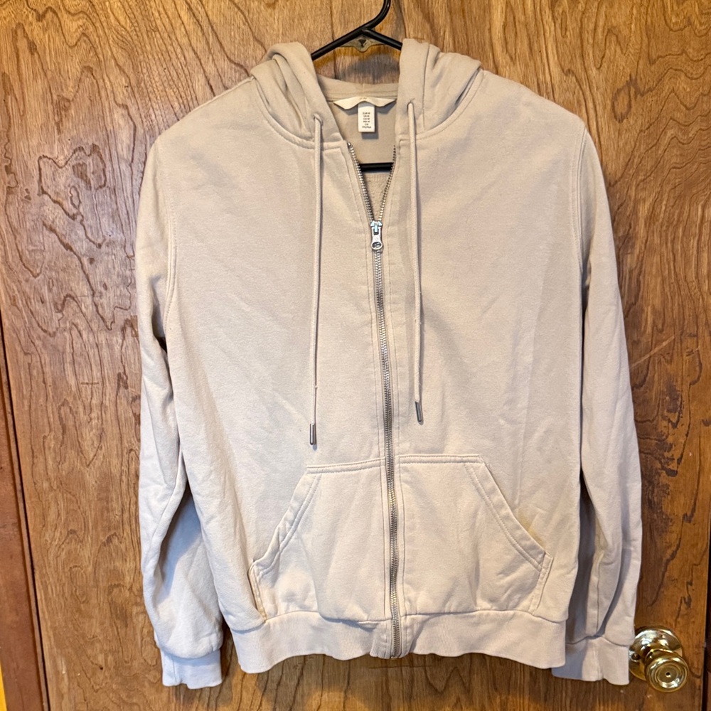 H&M Light Beige Zip-Up Hooded Sweatshirt Women’s M EUC